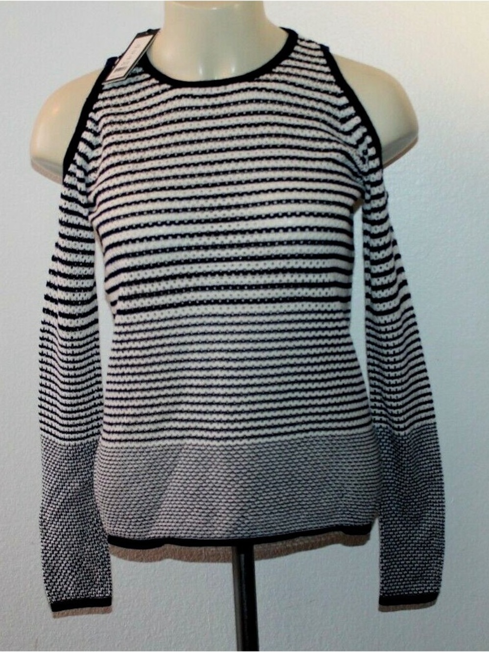 Romeo & Juliet Couture Black and White Striped Cold-Shoulder Sweater